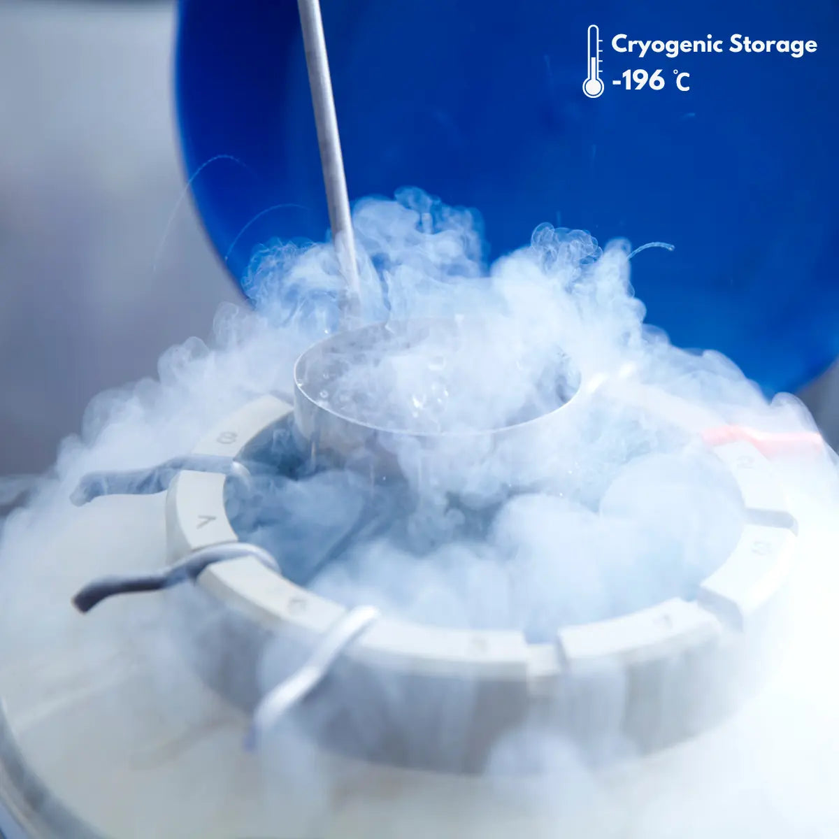 Cryogenic storage container with liquid nitrogen being poured, labeled with temperature.