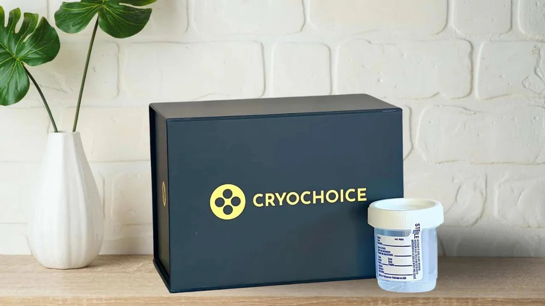 CryoChoice Sperm Collection Kit with a white brick wall background