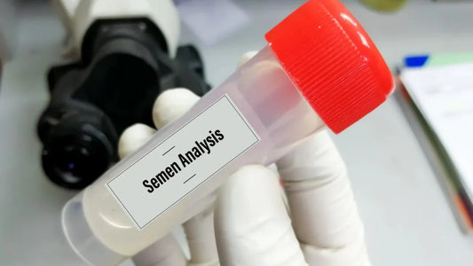 A vial of sperm in a lab setting during a sperm analysis