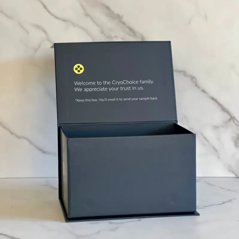 CryoChoice collection box with text on a marble surface