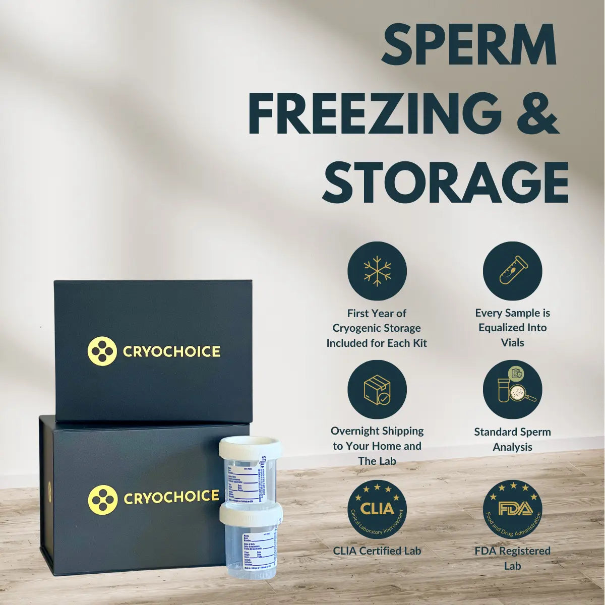 Cryochoice sperm freezing and storage kit with packaging and vials on a wooden surface.