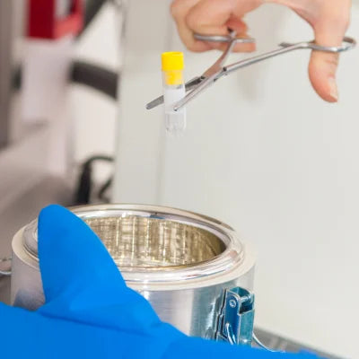 A vial of sperm being cryopreserved in a cryogenic tank..