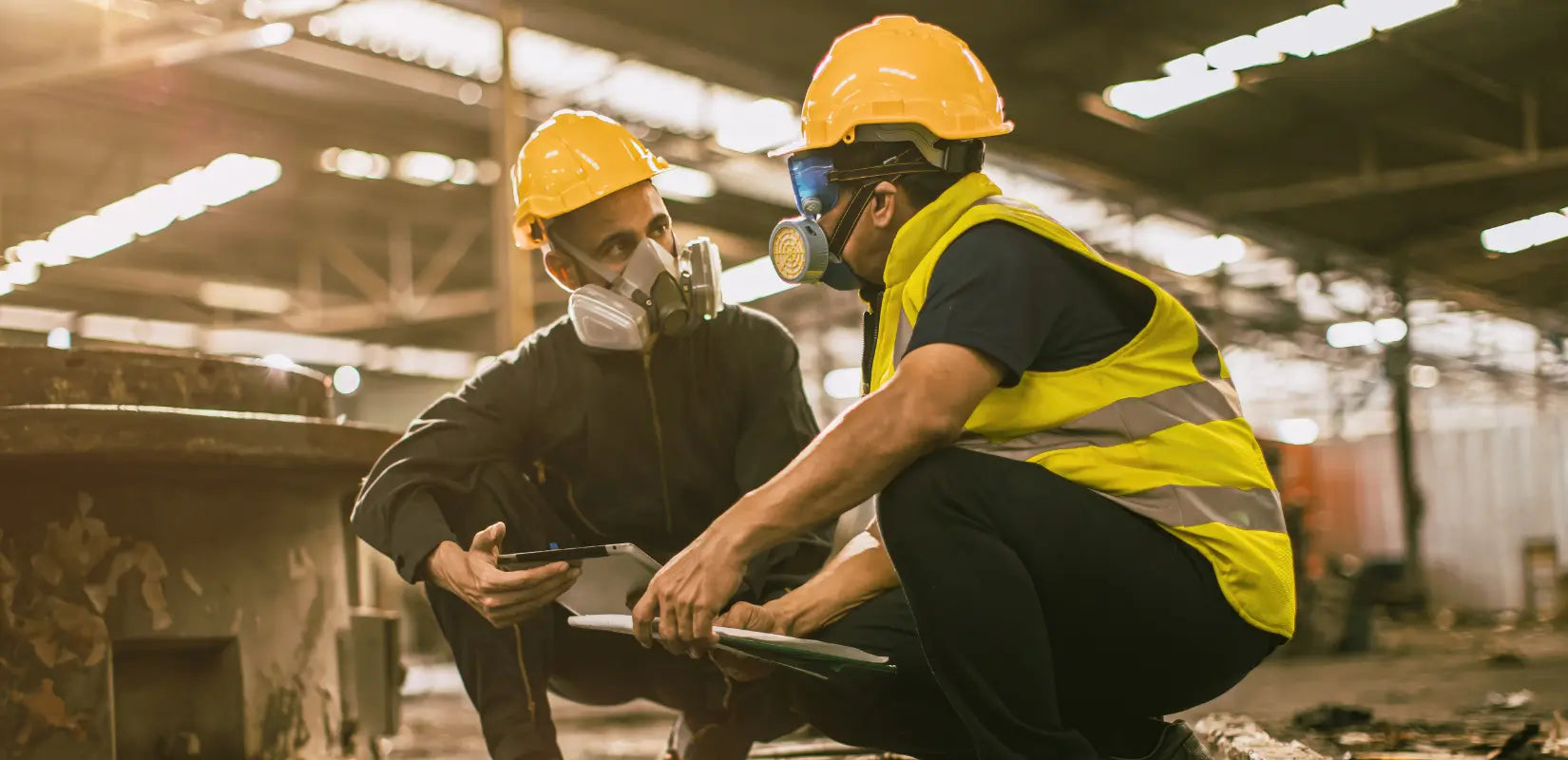 Two men in haz mat masks discussing work